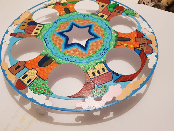 Round Passover Plate 2, hand painted ,  צלחת פסח 2, ציור ביד אמן, צבעונית, ממתכת