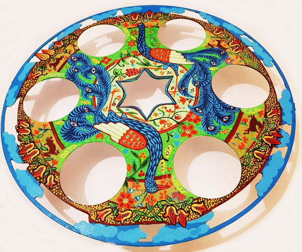 Round Passover Plate 6,  hand painted ,  צלחת פסח, ציור ביד אמן, צבעונית, ממתכת⁩