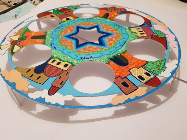 Round Passover Plate 2, hand painted ,  צלחת פסח 2, ציור ביד אמן, צבעונית, ממתכת