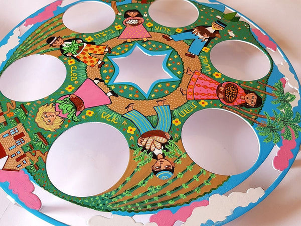 Round Passover Plate 3, hand painted ,  צלחת פסח, ציור ביד אמן, צבעונית, ממתכת⁩