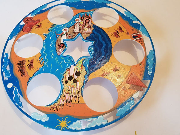 Round Passover Plate 4, hand painted ,  צלחת פסח, ציור ביד אמן, צבעונית, ממתכת⁩⁩